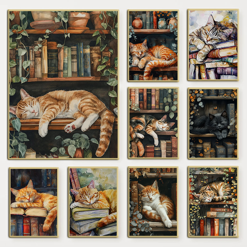 Watercolor Poster Print - Cute Cat and Book Poster Victorian