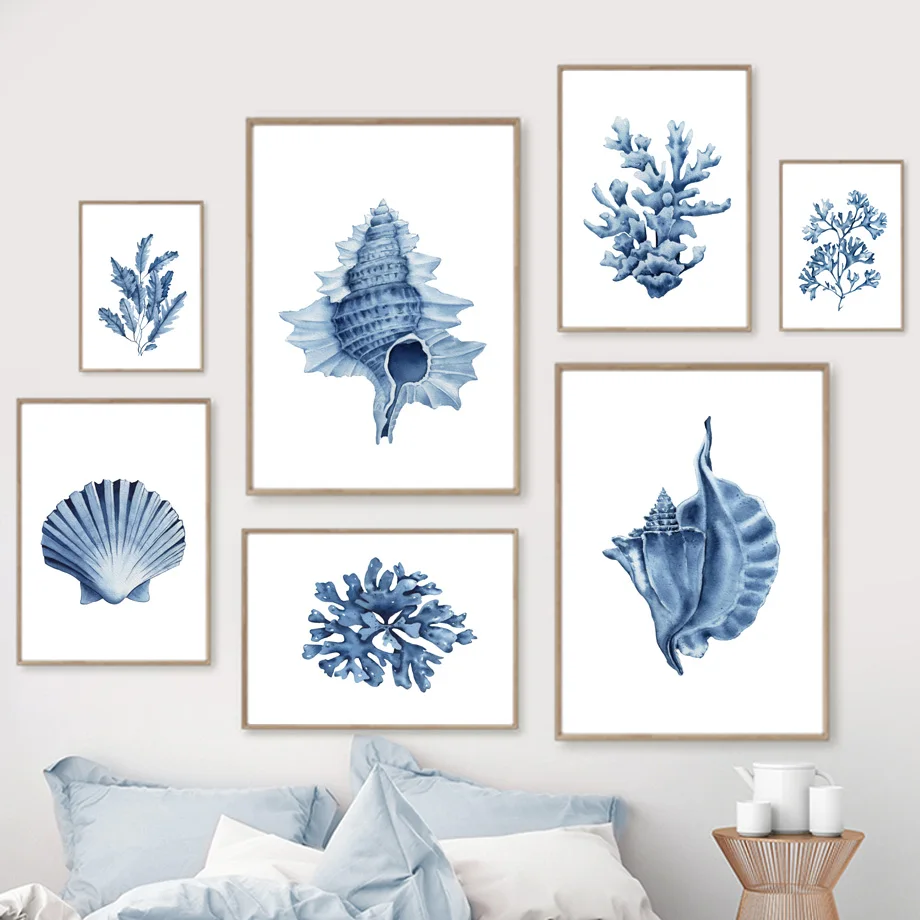 Watercolor Poster Print - Blue Seaweed Coral Shell Conch Watercolor