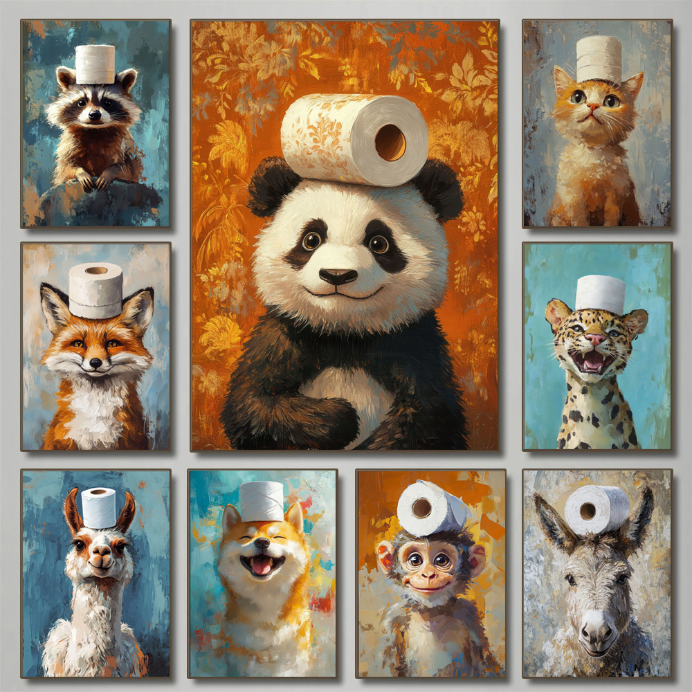 Watercolor Poster Print - Cartoon Cute Funny Animals with Toilet