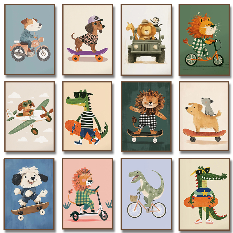 Watercolor Poster Print - Dog Airplane Lion in Car Animal